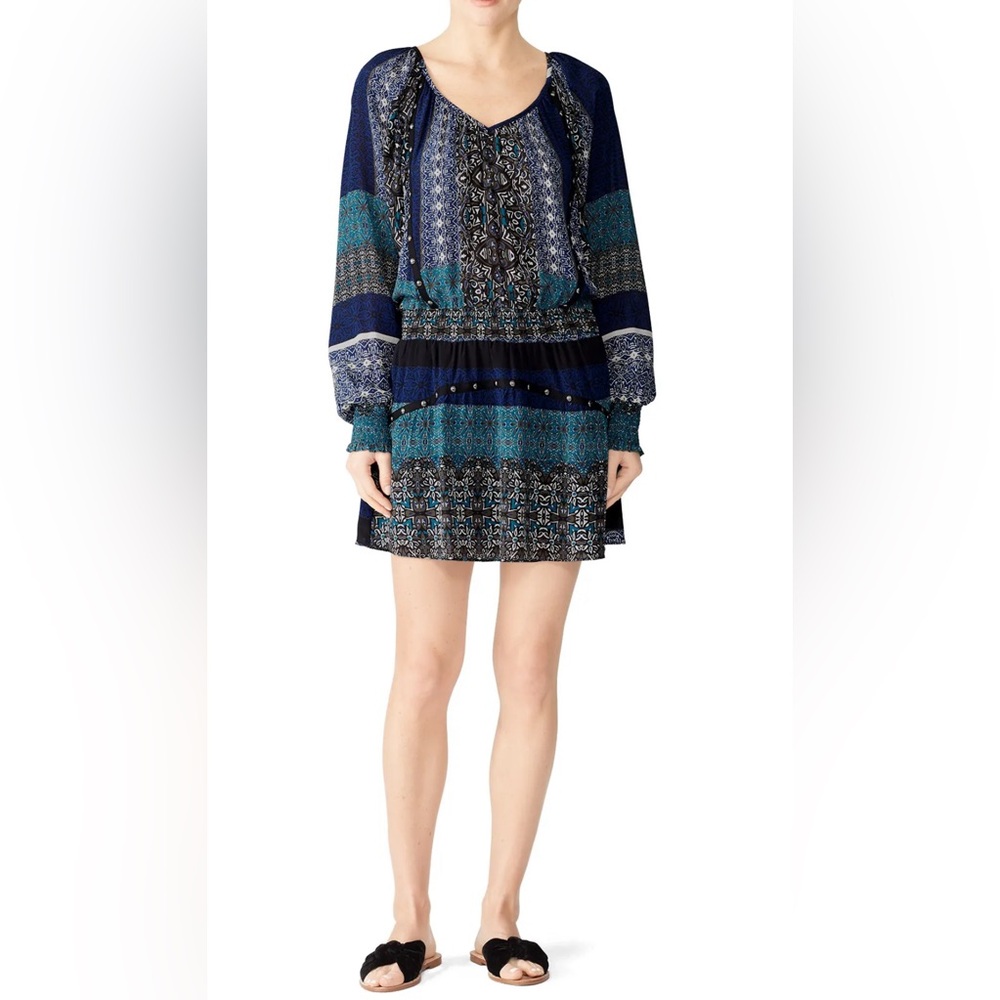 Ramy Brook Brynn Silk Blouson Blue Boho Mini Dress Size S